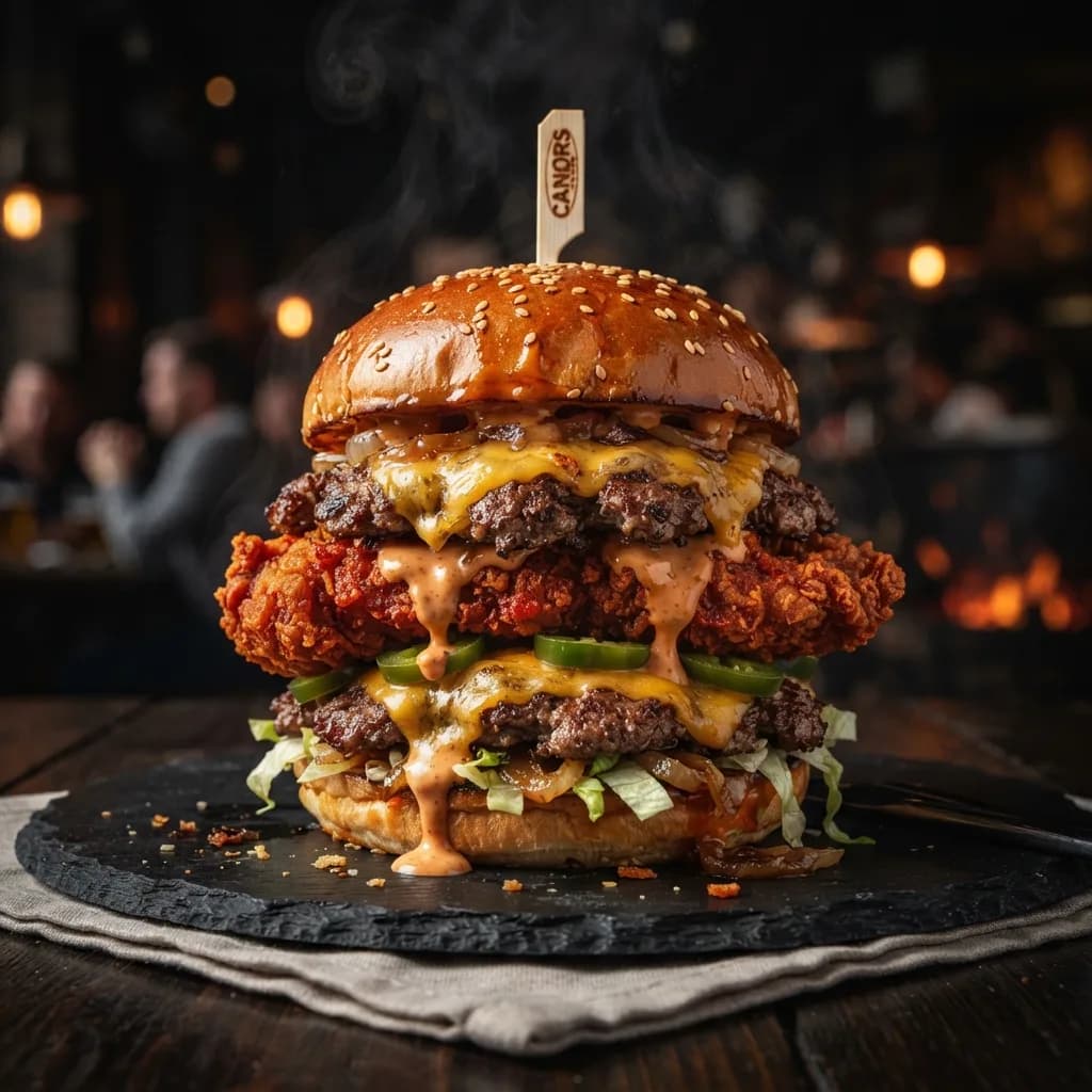 A Crunch Bite Double Decker burger with two stacked patties, melted cheese and fresh salad