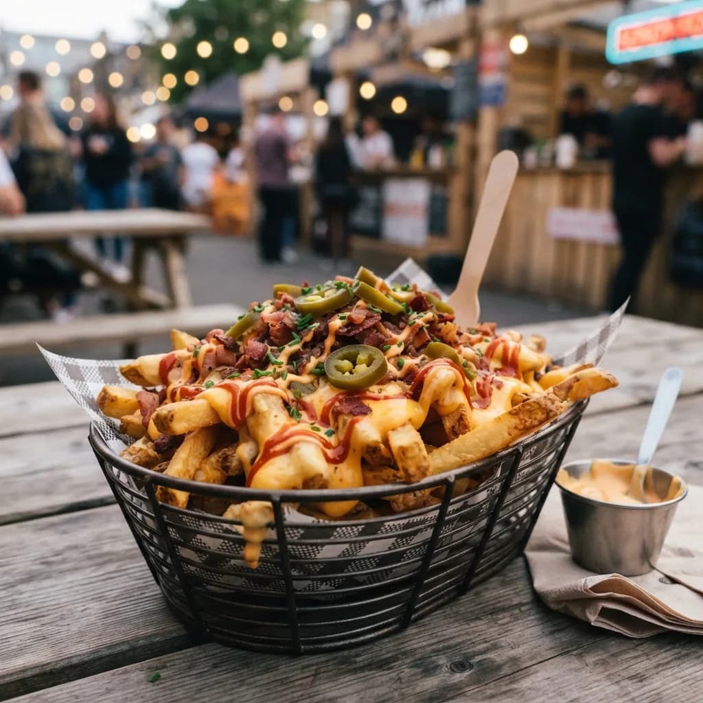 Loaded fries overflowing with melted golden cheddar cheese sauce and herbs