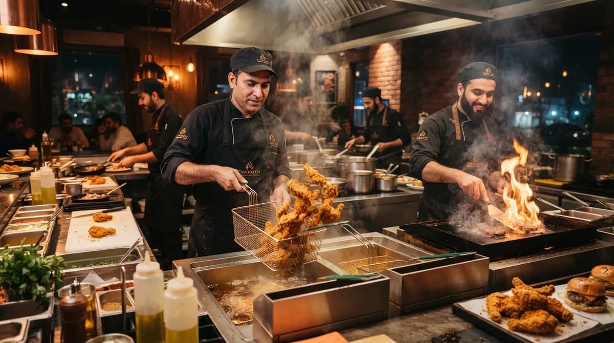Crunch Bite chefs cooking fresh karahi and BBQ in the open restaurant kitchen