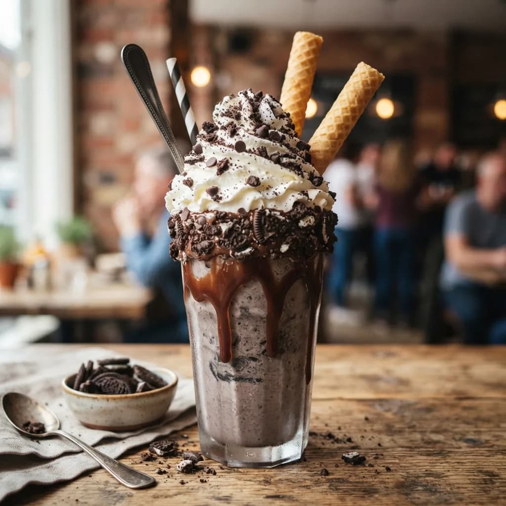Thick Oreo cookies and cream milkshake in a tall glass topped with whipped cream